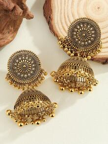 1 对复古 Jhumka 耳环，超大号宫廷花卉图案铃铛吊坠流苏耳环，精致的女士珠宝耳环，适合日常佩戴、节日、婚礼和派对/珠宝礼物 - 多色 - 查看 5