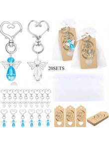 20 Stücke Engel Schlüsselanhänger, Engelsflügel Anhänger Schlüsselanhänger mit Danke-Anhängern und Ziehbandsäckchen aus Organza, Hochzeits-Party-Gastgeschenke, Tauf-Geschenke