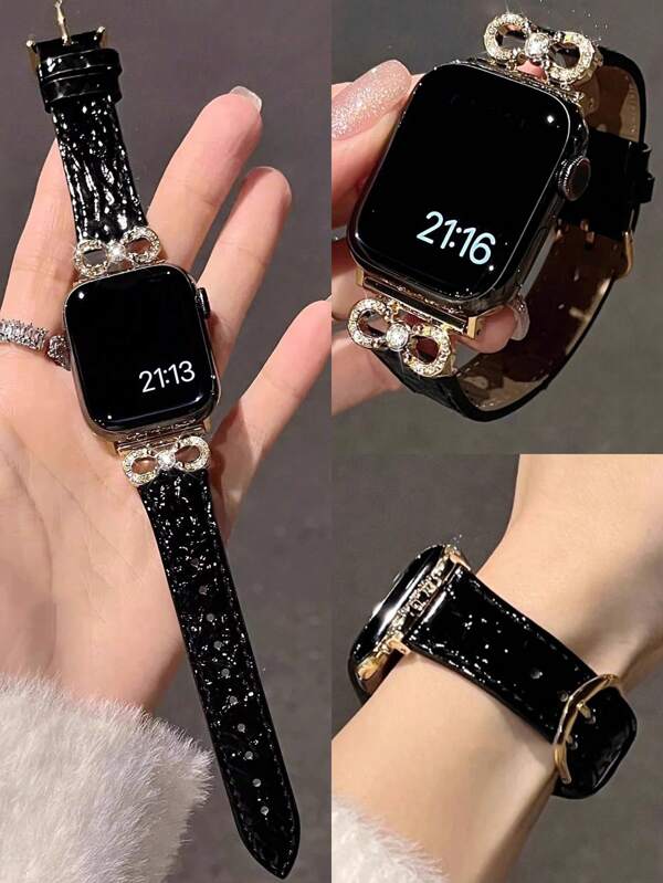1 pièce Bracelet de montre nacrée noire avec nœud papillon et strass compatible avec Apple Watch Ultra 2/Ultra/SE/Série 10/9/8/7/6/5/4/3/2/1 de 38/40/41/42/44/45/49/46mm