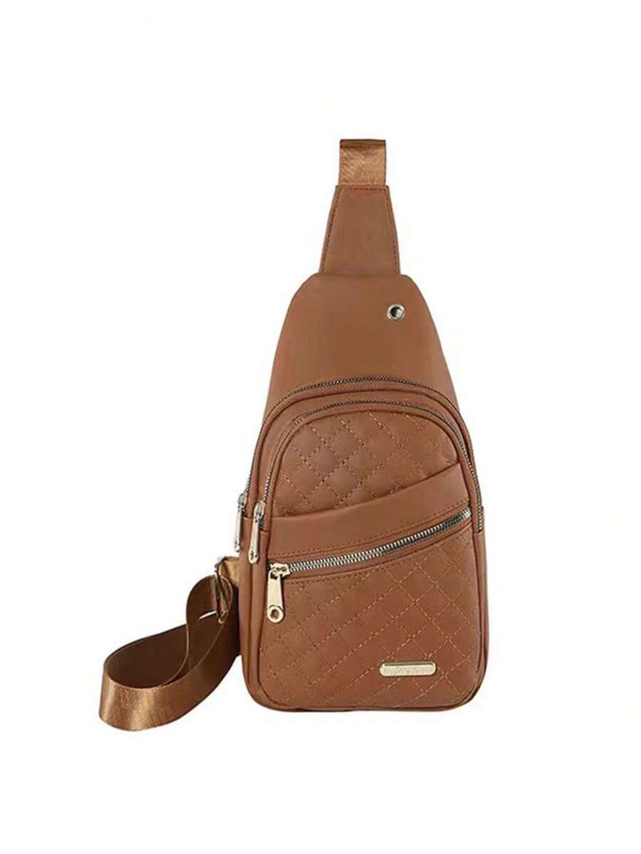 Versatile Fashion Embroidered Grid Crossbody Bag For Women - Brown - View 1