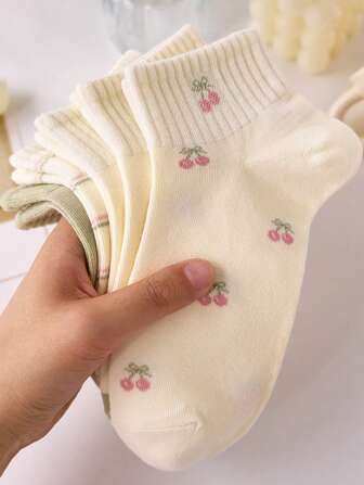 5双女式短袜，樱桃花条纹中筒袜，适合所有季节，颜色随机