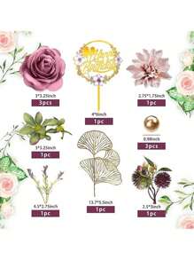 12 Stück Blumen Kuchendeko Boho Kuchendeko-Set Rosa und Lila Palmenblätter Kuchendekorationen und Schmetterling Kuchendekoration mit künstlichen Rosen für Hochzeit, Geburtstag, Boho Blumen Mottoparty, Weihnachten