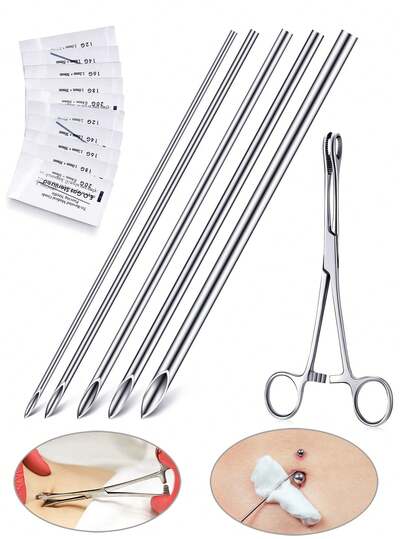穿刺针夹不锈钢镊子夹空心针穿刺套件混合尺寸12g 14g 16g 18g 20g适用于耳朵肚脐舌头身体工具
