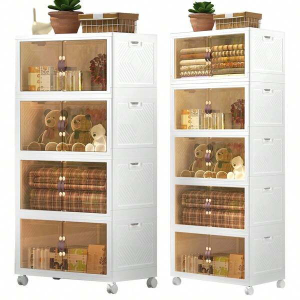 OYAJIA 4/5 Schichten Klappbar Kleiderschrank Montieren Lager Regal Organizer mit Rollen, 172L/215L Boxen Aufbewahrung, Stapelboxen Kunststoff, 50x31,5x112.5cm/50x31,5x138.5cm, Weiß