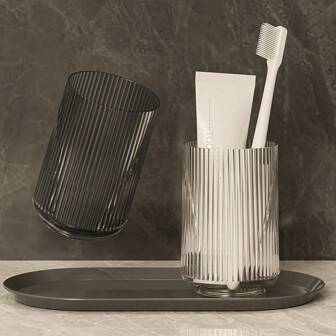 1 st tjock transparent tandborsthållare i plast - modern ribbad badrumsmugg, lämplig för tandborste och tillbehör, hållbar och snygg, badrumsorganisation | modern tandborsthållare | transparent plaststruktur
