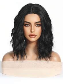 高品质 12 英寸中长黑色卷发无刘海优雅女士合成耐热纤维假发适合度假、母亲节、日常使用 - 黑色 - 查看 3
