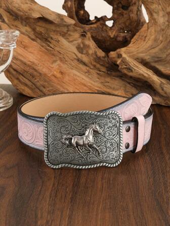 1 pieza Cinturón occidental vintage para niña, decorado con caballos y ganado para vaquera, para pantalones vaqueros, ideas de regalo para vuelta al cole, invierno, San Valentín para niño o niña