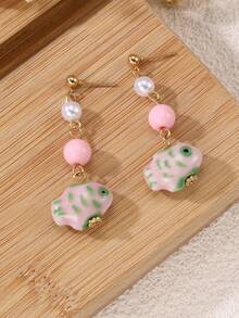 1 Pair Vintage Ceramic Cute Fish Shaped Earrings For Girls, Suitable For Daily Wear, Vacation, Parties - Multicolor - View 9