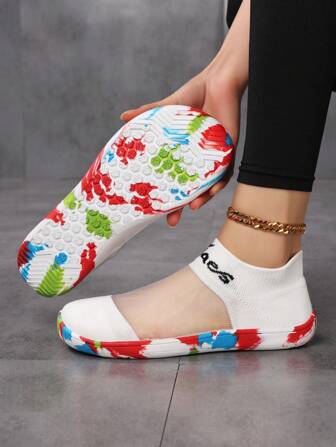 Women's Summer Breathable Hollow Out Slip-On Sneakers, Lightweight Running Shoes With Camouflage Soles, White