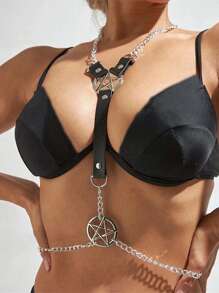 1 Piece Adjustable Women's Star Chain Suspenders, Punk Style PU Leather Belt, Perfect For Fetish Costumes Sexy Lingerie Accessories, Silver Pentagram Decorated Gothic, Women's Body Harness & Neck Binding Lingerie Unique Wearable Experience For Halloween Party Builds!