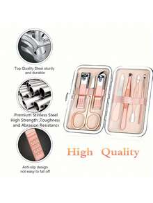 7pcs/Set Nail Clipper Set With Charming Highland Cow Pattern,Portable Organizer Case Included Large Capacity Nail Care Box Storage Box, With Stainless Steel Tools, Ultra Sharp And Splash Free Nail Clipper Set, Classic Design Cutting Box, Used For Mobile Beauty Essentials, Travel, Outings, Residential School And Home Essentials - Baby Pink - View 5