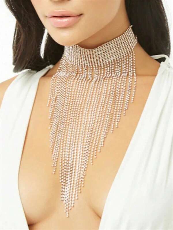 Silver-Plated Rhinestone Tassel Necklace, Suitable For Important Occasions