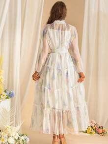 春秋女装新款连衣裙小立领网眼长袖定位荷叶边全身印花系带收腰蓬松连衣裙，派对装，旅行装，适合鸡尾酒会 - 彩色 - 查看 5