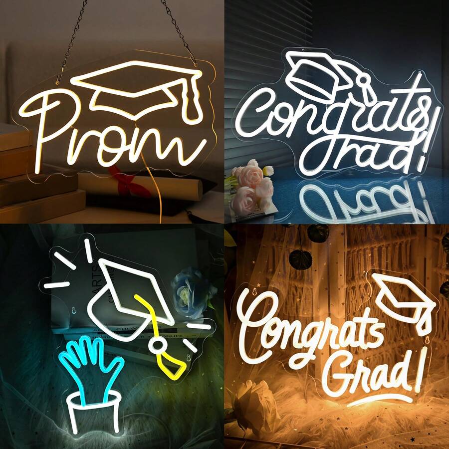 1 Set Luz de Neón Acrílica Ajustable "Congrats Grad" con Gorro de Graduación, Letrero Iluminado LED Regulable Alimentado por USB, Decoración de Celebración de Graduación para Pared, Fiesta, Dormitorio, Hogar (Incluye Accesorios como Cable de Datos) - Multicolor - Ver 1