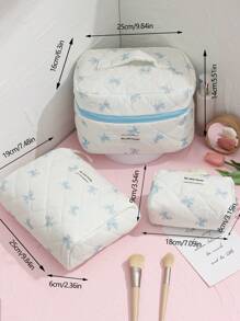 1 Stück weiße gesteppte karierte Kosmetiktasche, blaues Schleifenmuster, girly Herz Design, multifunktionale Kosmetik Aufbewahrungstasche, tragbare Kosmetikpinsel Clutch Tasche mit Reißverschluss, geeignet für Lippenstift, Pinsel, Hautpflege, Aufbewahrungsbox, für Urlaub, Strand, Badezimmer, Schlafzimmer, großes Fassungsvermögen