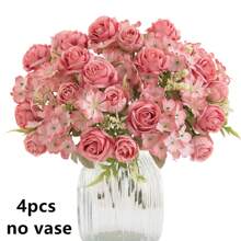 1/4 Peças Buquê de Flores Artificiais Realistas, Rosas Faux Reutilizáveis, Buquês de Crisântemos e Hortênsias com Haste, Decoração de Mesa para Casa e Sala, Arranjos de Flores Artificiais Centrais, Decoração de Jardim e Quintal Externos, Decoração de Casamento, Aniversário, Chá de Panela - Sem Recipiente