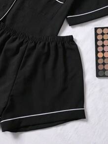 Set 2 buc. pijamale de vară pentru femei, din crep cu bule, culoare neagră, culoare solidă, cămașă cu mânecă scurtă și pantaloni scurți, ținute casual pentru casă de vară