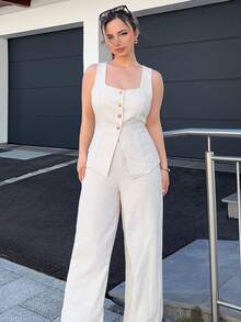 Jeta Ari Summer Linen Color Linen Suit Vest Two-Piece Set Ladies" Fashionable Solid Color Button Contrast Color Sleeveless Top And Trousers Set Wear Comfortable Fabric Breathable Soft Suitable For Commuting Daily Holiday Wear - Khaki - View 6