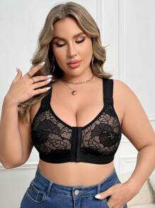 Große Größen Spitze Vorderverschluss Drahtloser bequemer Lingerie-BH