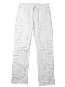 Men's Regular Fit Stacked Jeans Ripped Skinny Distressed Destroyed Straight Denim Pants Streetwear - trắng - Xem 7