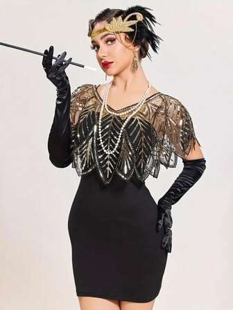 1件复古1920年代亮片串珠优雅披肩 - 100%涤纶透气套头披肩，弹性贴合，刺绣条纹图案，女士派对装饰披肩