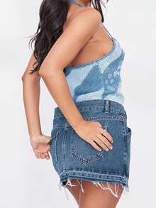 Women Summer Y2k Sequin Halter Cami Tops Slim Sparkly Open Back Sleeveless Crop Shirts Streetwear - 藍色 - 查看 5
