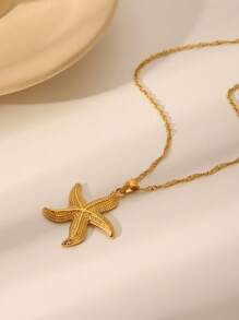 1pc Fashionable Ocean-Themed Stainless Steel Electroplated Necklace With Starfish, Seashell, Fan Shell Pendants, Suitable For Men, Women, Couples Everyday, Beach, Party, Music Festival, Gift