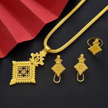3pcs/Set Golden Luxury Hollow Cross Jewelry Set, Earrings, Ring, Pendant, Elegant Middle East Daily Party Festival Gifts