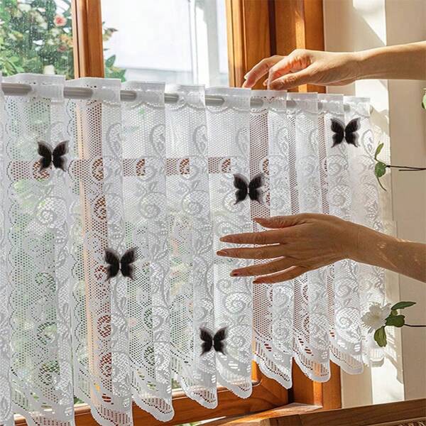 1 Cortina de renda, com 5 pequenos acessórios de borboleta preta, cortinas de gaze, cortinas pequenas para janelas, meias cortinas, estampa floral branca, beleza artística, leves e elegantes, podem bloquear a luz do sol, embelezam o layout, removíveis sem furos, adequadas para sala de jantar, cozinha, armários, banheiro, quarto, trailer