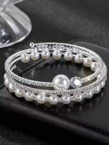 1pc Fashion Elegant Luxury Rhinestone & Faux Pearl Openable Bracelet, Suitable For Wedding And Daily Wear - Silver - View 4