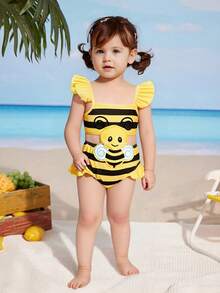 Infant Girl Ruffled Strap Cute Honeybee Embroidery Sense Of Design Exposed Waist Striped Bodysuit Swimsuit - Multicolor - View 3
