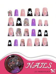 Y2K 一盒 24 件中号鸭嘴指甲，紫色和黑色带星星点缀，饰有水钻装饰，展现大胆而时尚的外观，按压式指甲套装配有指甲锉和果冻胶，适合所有女性，非常适合日常和派对场合，为您的指尖增添一丝独特魅力。 - 彩色 - 查看 3