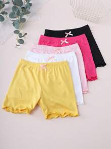 5 Girls Solid Color Bowknot Panties, Ruffled Safety Shorts, Suitable For Daily Life