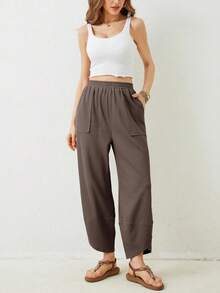 Women's Wide Leg Trousers Casual Elasticated Waist Trousers Paraiso Pocket Trousers Harlem Trousers - Cà phê nâu - Xem 3