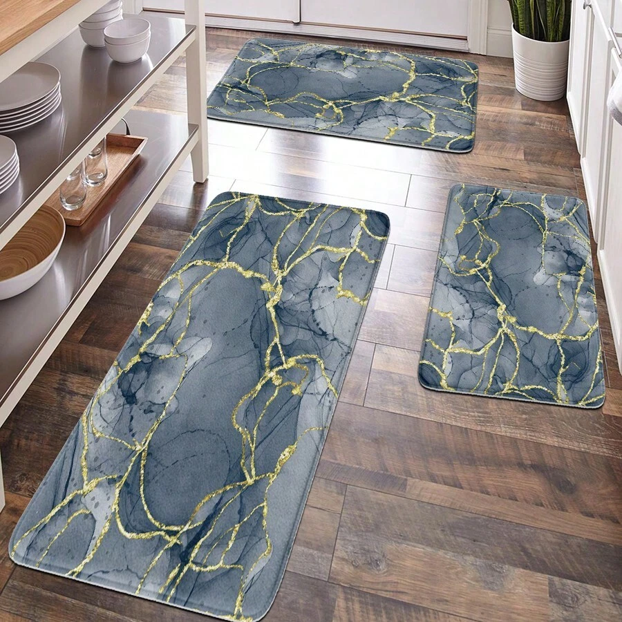 1pc Gray Marble Pattern Plush Bathroom Rug, Soft Surface Home Decor, Anti-Fatigue Kitchen Floor Mat, Luxury Minimalist Style Decorative Carpet For Bathroom, Entry, Relax Foot - Grey - View 1