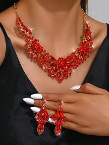 3pcs Bridal Flower Themed Vintage High-End Jewelry Set For Women, Including Necklace And Earrings, Suitable For Wedding, Party Or Valentine's Day Gift - Golden Red - View 5