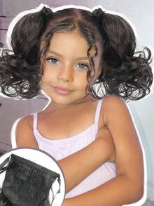 Kids Brown/ Black Heat Resistant Synthetic Hair Extensions Pony Tail Hair Extensions Drawstring Ponytail Hair Extensions 2pcs - Natural Black - View 4