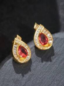 1pair Luxury Shiny Red Cubic Zirconia Stud Earrings For Women Gorgeous Elegant Party Jewellery Accessories