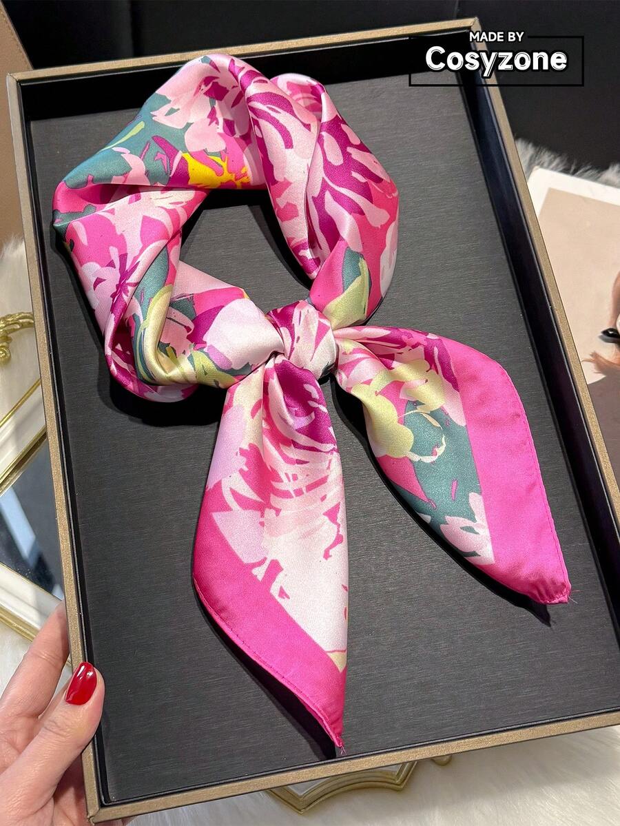 1pc Elegant Floral Print 70cm Satin-Like Square Scarf, Versatile Fashion Women Bandana, Decorative Neck Tie, Headband, Suitable For Daily Wear For Dress - Pink - View 1