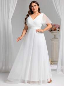 Große Größen Rüschenärmel Chiffon Abschlussballkleid Junggesellinnenabschied Partykleid Bridal-Shower Kleid Hochzeitskleid für Braut Verlobungskleider