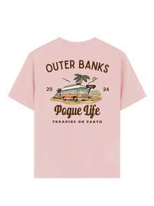 女童休闲印花圆领短袖T恤，适合夏季学生和儿童穿着 - 舒适生活巴士树系列艺术风格T恤，激发想象力和自我表达 - 粉色 - 查看 3