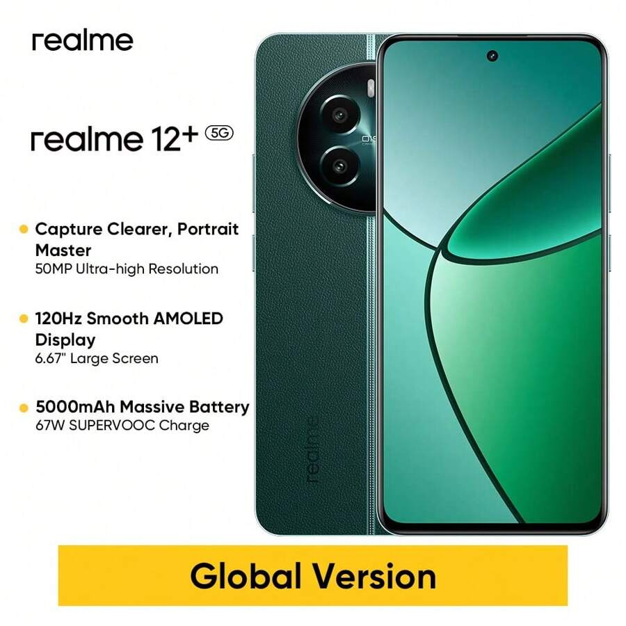 Realme Teléfono móvil desbloqueado de 12+ 5G, 8GB+256GB/12GB+512GB, versión global, Android 14, cámara de retrato LYT-600 OIS, chipset Dimensity 7050 5G, pantalla AMOLED suave de 120Hz y carga rápida de 67W
