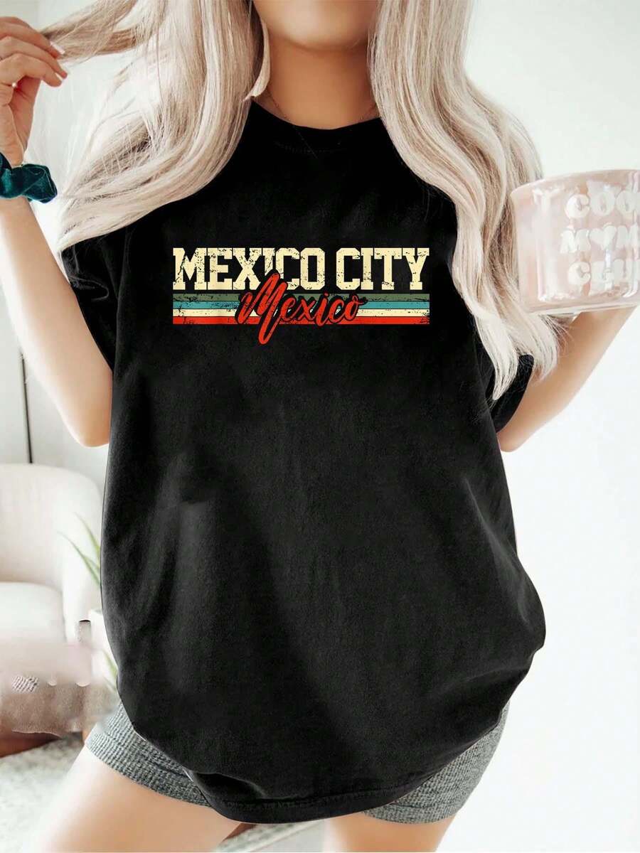 Mexico City Mexico Travel Souvenir Retro Vintage Gift T-Shirt Women's Casual Short Sleeve Crew Neck T-Shirts - Perfect For Holiday Season And Outdoor Activities - Black - View 1
