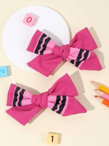 2 件装开学第一天女孩发饰热粉色铅笔蝴蝶结发夹带全衬铅笔形织物鳄鱼夹可爱铅笔蝴蝶结发夹适合开学第一天女士时尚发饰爪夹，学校用品