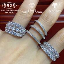 925 Sterling Silver Fine Single Ring For Women CZ Cubic Zirconia 3 Row Wide Wedding Bands For Her Fine Jewelry Gifts