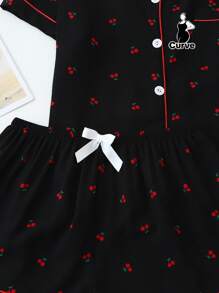 2pcs Plus Size Women Comfy Cherry Print Single-Breasted Lapel Short Sleeve Top And Shorts Pajama Set, Suitable For Home Wear, Spring/Summer, Outfits