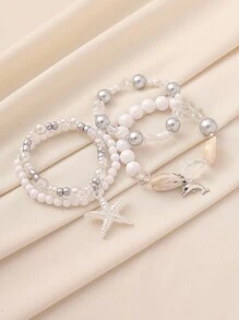 4pcs/Set Bohemian Style Starfish, Dolphin, Shell & Bead Decor Stacking Bracelets, Cute Ocean Themed Bracelet Set Suitable For Women, Beach, Casual, Holiday Wear