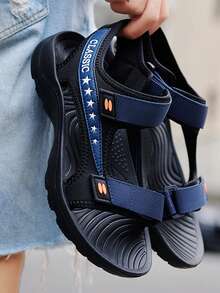 Men's Outdoor Sport Sandals - Summer Fashionable Comfortable Breathable Hook And Loop Slippers - Non-Slip Dual-Color Letter Patterned EVA Sole, Large Size Lightweight - Suitable For Beach Water Activity Driving Hiking, Black Casual Shoes