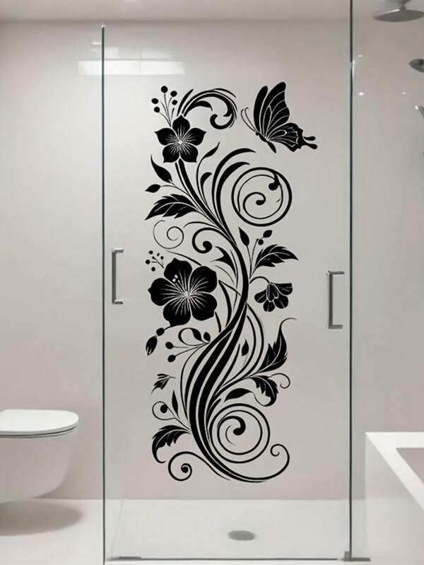 1 pieza Adhesivo de pared de vidrio de Glicinia negra, arte floral minimalista en vinilo apto para baño, sala de estar, dormitorio, decoración del hogar, calcomanías de vidrio, calcomanía de vinilo para decoraciones del hogar, elementos de decoración del hogar, actualiza tu decoración de habitación con papeles tapiz, pegatinas de pared personalizadas, decoración de pared
