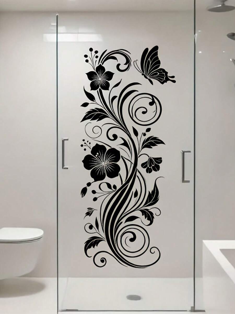 1pc Black Wisteria Glass Wall Sticker, Minimalist Floral Art Vinyl That Can , Suitable For Bathroom, Living Room, Bedroom Home Decor Glass Decals, Vinyl Decal For Home Decorations,Home Decoration Items Refresh Your Home Room Decor Wallpapers Wall Paper Wallpaper Kitchen Stickers Personalised Stickers Wall Decor Wall Stickers